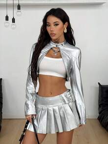 Coolane Lễ hội mùa thu dành cho phụ nữ, đi chơi, hội chợ thời trang phục đường phố, Y2K, áo khoác Bustier màu bạc cổ điển - Bạc - Xem 2