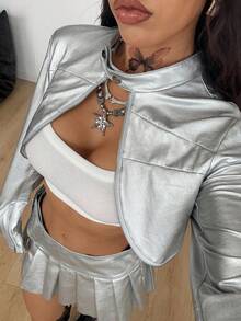 Coolane Lễ hội mùa thu dành cho phụ nữ, đi chơi, hội chợ thời trang phục đường phố, Y2K, áo khoác Bustier màu bạc cổ điển - Bạc - Xem 3