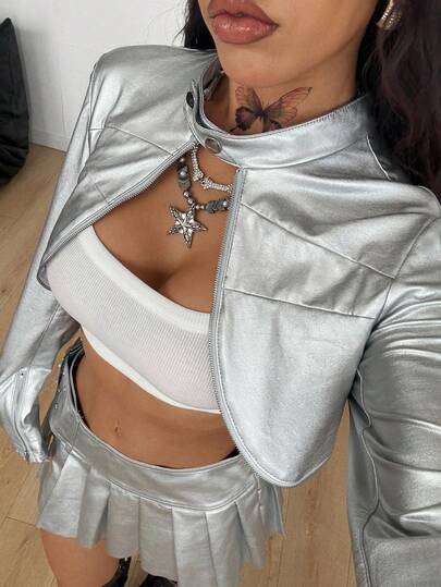 Coolane 女士秋季节日外出文艺复兴博览会街头服饰 Y2K 复古银色工装紧身胸衣夹克