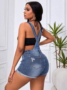 SHEIN SXY Summer Casual Ripped Denim Bib Shorts Denim Overalls - Baby Blue - View 2