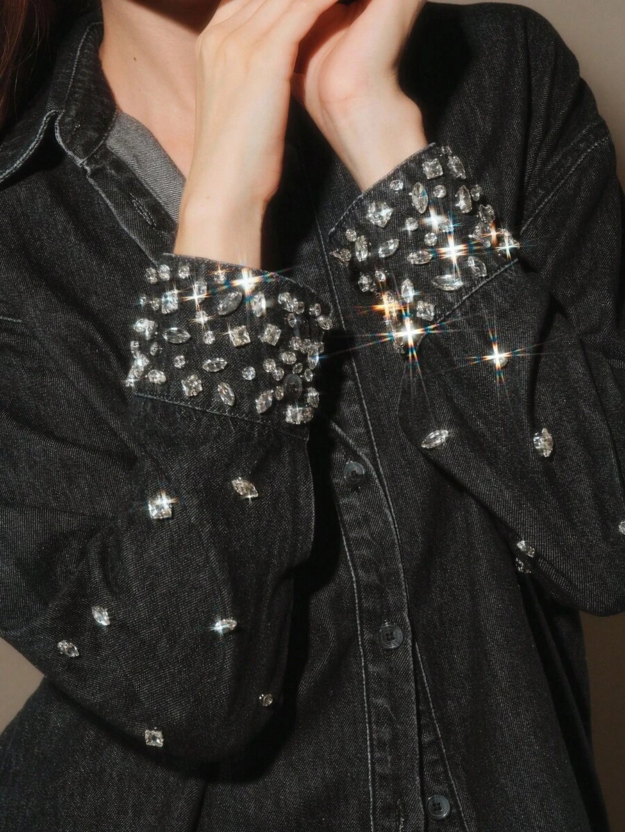 Anewsta Áo sơ mi denim đính đá Rhinestone thời trang giản dị cho nữ - màu đen - Xem 1