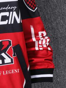 SHEIN 青少年男孩拼色赛车元素和字母印花休闲机车夹克，面料柔软，适合上学、通勤、户外穿着，适合秋冬季 - 彩色 - 查看 5