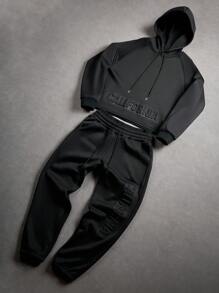 Manfinity EMRG 2pcs/Set Men's Casual Hooded Sweatshirt And Drawstring Pants Suit , Fall Clothes - Black - View 3