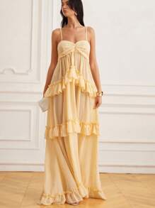 EMERY ROSE 阳光乡村风格黄色雪纺吊带裙，三层荷叶边飘逸轻盈雪纺，迷人的野餐/约会连衣裙 - 淡黃色 - 查看 6