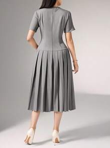 Heiryn Elegant Commuter Asymmetric For Women,  Pleated Dress,  Grey Dresses For Women, Button Dress, Women Clothing Elegant, Grey Pleated Dress,Back To School,Back To School Outfit,Fall Outfits Women,Autumn Clothes,Autumn,Fall Dresses For Women,Autumn Dress,Fall Dresses