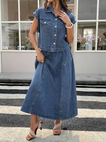 DAZY Women's Summer Casual Denim Vest & Mini Skirt 2-Piece Set - Blue - View 4