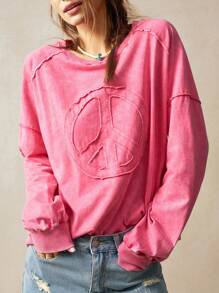 Bohemela 女式加大码落肩圆领长袖宽松休闲运动衫 - 西瓜粉 - 查看 2