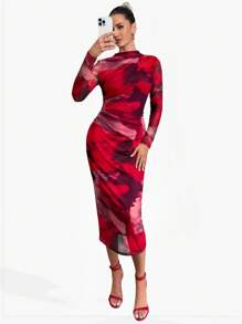 Lavishia Women's Mesh Printed Elastic Knit Dress - Multicolor - View 8