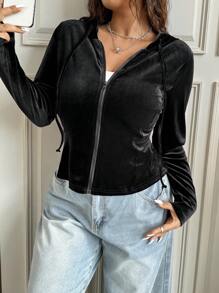 SHEIN EZwear 秋冬大码女式纯色天鹅绒修身前拉链连帽长袖休闲夹克 - 黑色 - 查看 1