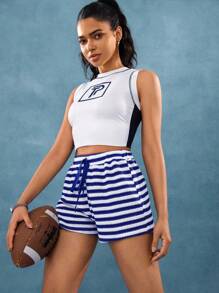 Hanevo Summer New Fashionable Urban Casual Vacation Knitted Jacquard Striped Drawstring Women Shorts