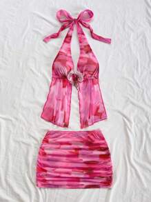 SHEIN x Eduarda Gutierrez Soleia Women's Bohemian Tie-Dye Floral Print Knit Mesh Halter Backless Tie Front Decorative 3D Flower Vest And Mini Ruched Skirt Set, Suitable For Party, Date, Afternoon Tea, Beach, Carnival, Summer Outfitting, Can Be Worn Inside Or Outside Pink Beach Outfit Pink Vacation Outfit Two Piece Beach Set Beach Skirt Set - Multicolor - View 3