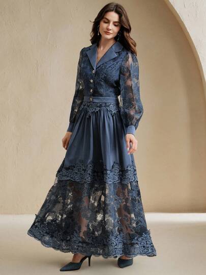 Anewsta 2pcs Women Set: Navy Blue Floral Print Sheer Long Sleeve V-Neck Blouse & Full Flared Skirt, Spring & Summer
