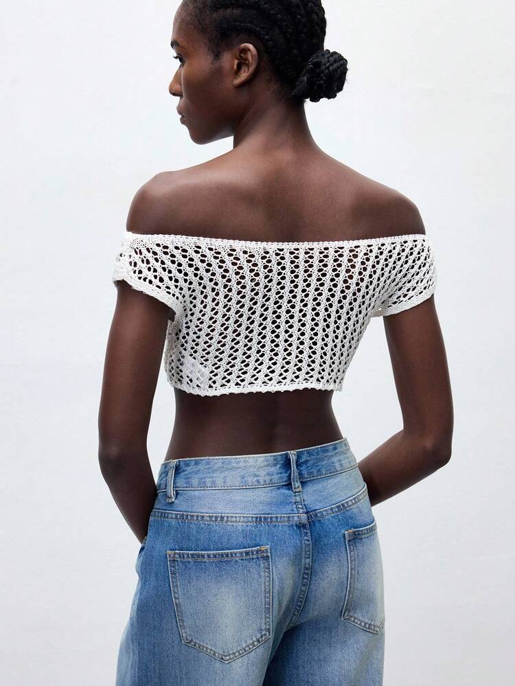 SHEIN Maija Women's Beige Knitwear Crop Sweater: Casual Boat Neck Cap Sleeve Asymmetrical Hem Top