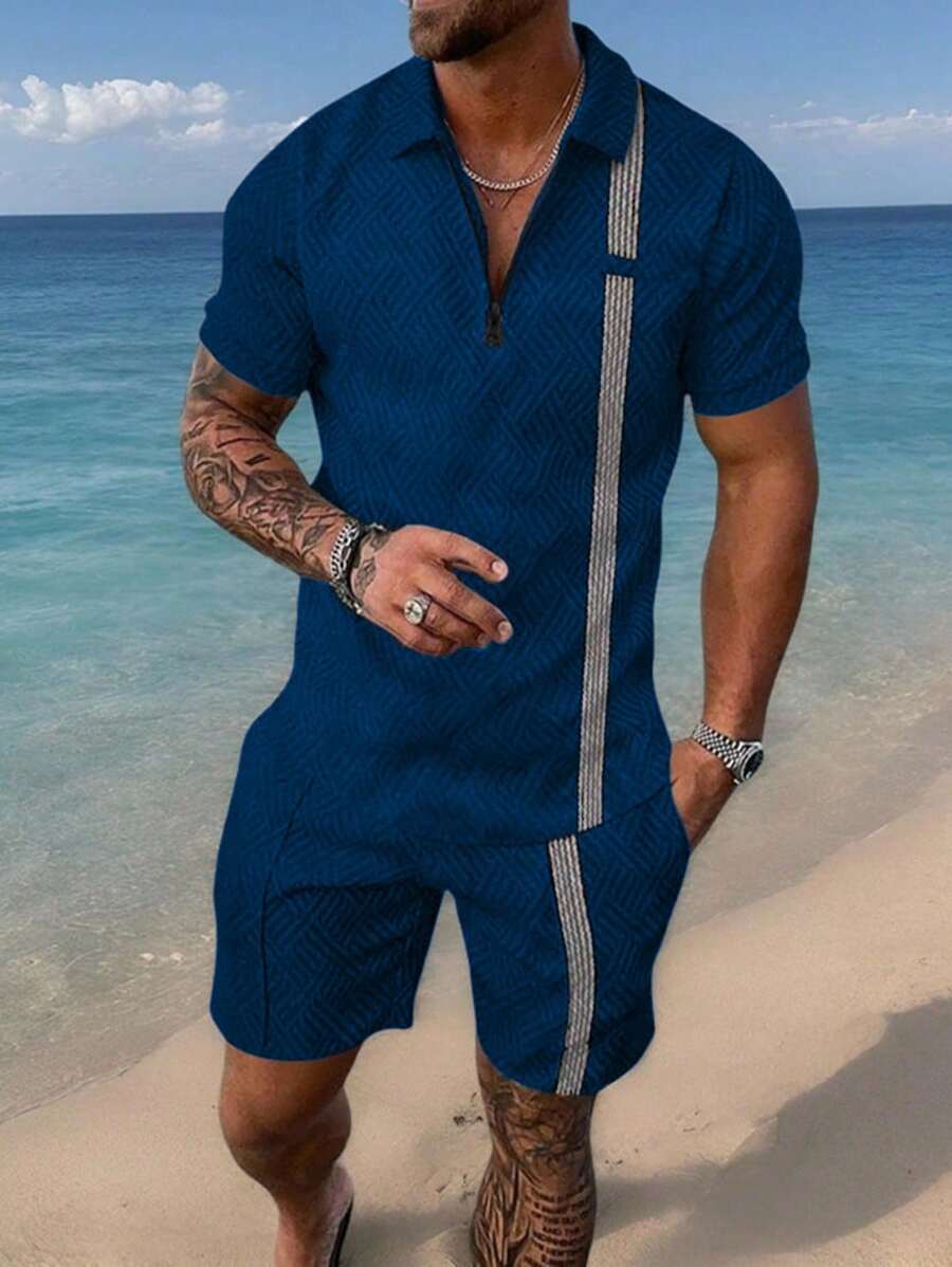 Manfinity RSRT Men's Summer Casual Contrast Stripe Polo Shirt And Shorts Set - Navy Blue - View 1