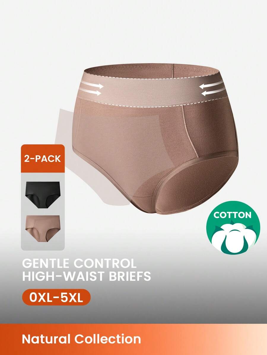 LUVLETTE 加大 2 条装透气棉质高腰三角裤 收腰收腹 女士内衣内裤套装 黑色基本款内裤