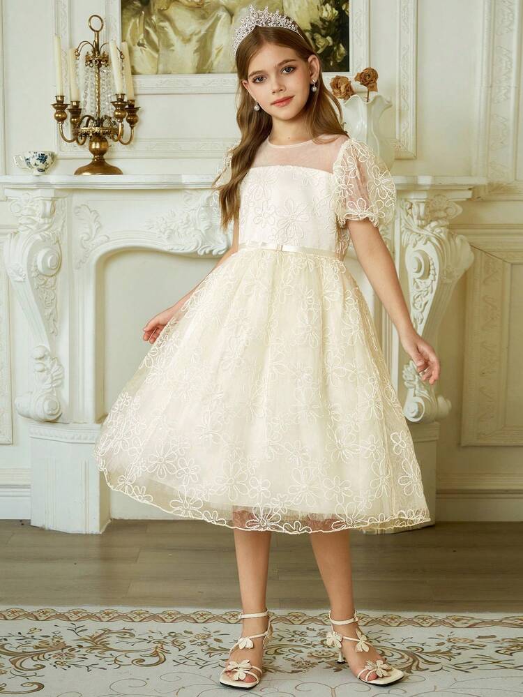 Girls Princess Dress With Bow, Sweet Mesh Party Dresses, Tween Girl Summer Outfit