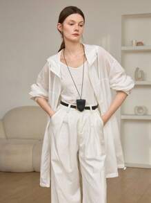 Dazy-Less 女士宽松商务休闲连帽雪纺衬衫，长袖轻薄外套，适合办公室穿着，春夏秋季女装外套