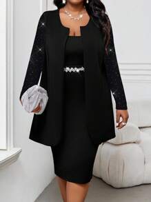 SHEIN Lady 2025 New Spring And Summer Casual Elegant Black Plus Size Coats Autumn Women's Wedding Guest Women's Back To School Autumn Women's Teacher's Business Casual Women's Office Wear Women's Elegant Work Coat Women's Teacher Vintage Jacket - Black - View 3