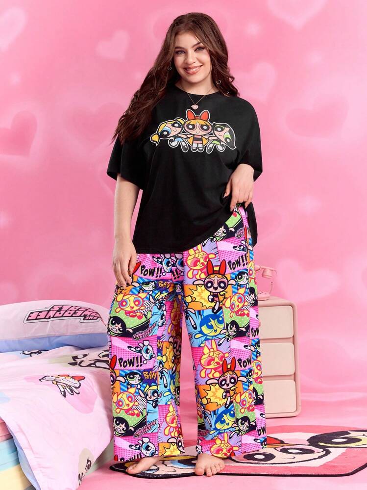 THE POWERPUFF GIRLS X SHEIN مجموعة تيشيرت وبنطلون نوم من قطع مريحة للنساء لأوقات الصيف، تيشيرت بأكمام متساقطة مقاس كبير مطبوع بنقشات أزهار، فقاعات وزهور البابونج ،وبنطلون نوم بقصة رجل - الأسود - مشاهدة 3