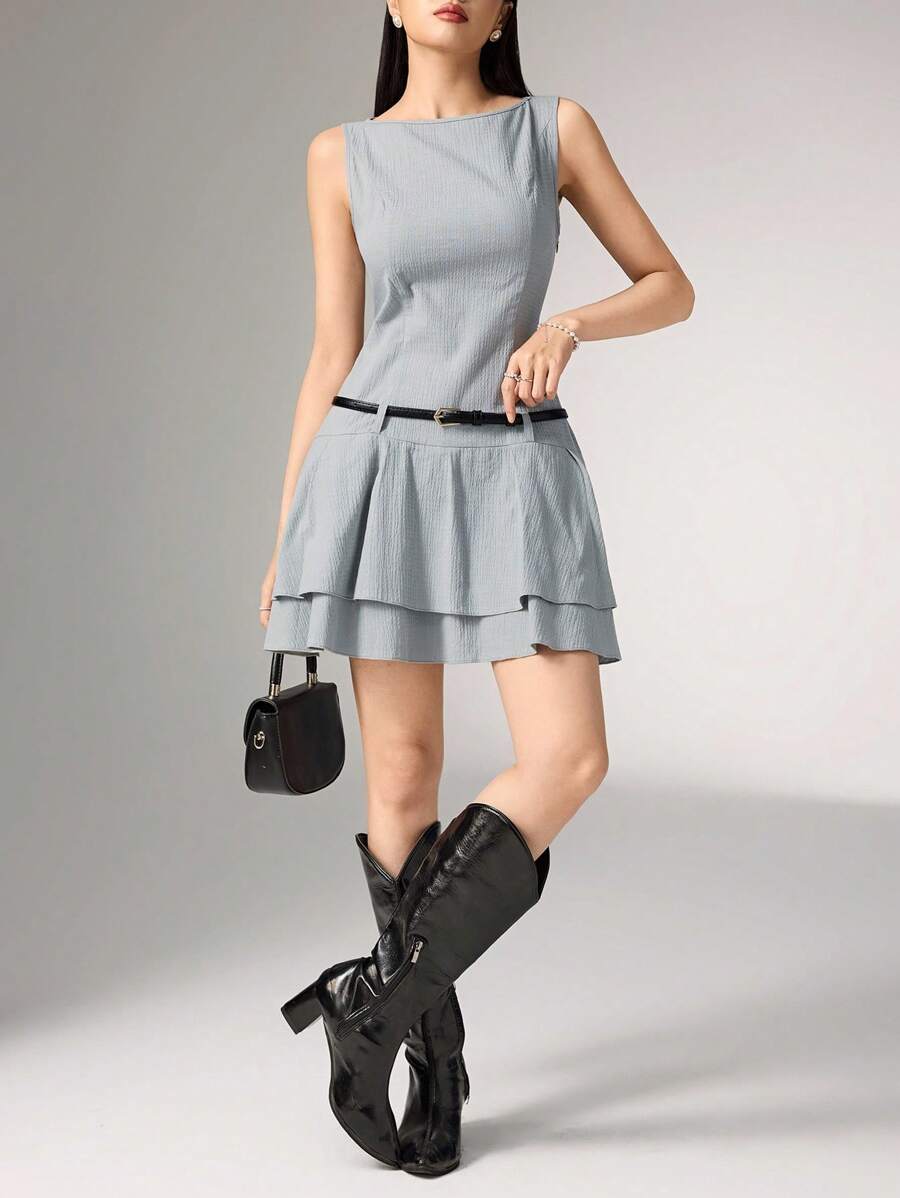 Heiryn Women Summer Casual Solid Color Sleeveless Mini Dress Tiered Dress Korean Style Back To School School Dress Fall Clothes For Women Korean Style - Green - View 1