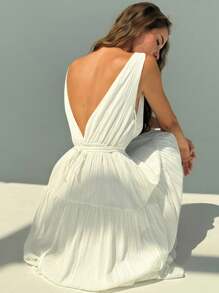 Aloruh 夏季白色度假深 V 领系腰 A 字形荷叶边女式连衣裙 - 白色 - 查看 2