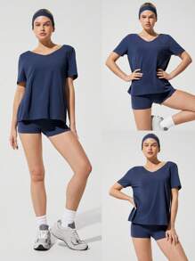 GLOWMODE 比马棉休闲柔软弹力透气常规版型臀长 V 领 T 恤日常休闲装 - Dark Blue - 查看 8