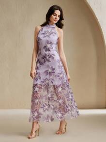 Anewsta 夏季优雅女士针织网眼刺绣白色撞色高端定制挂脖黑色连衣裙 - 淡紫色 - 查看 4