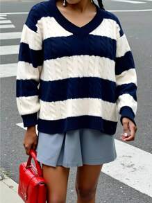 SHEIN Tween Girls' Stripe Contrast Color Twist Rope V-Neck Lantern Sleeve Loose Fit Pullover Sweater, Suitable For Autumn/Winter And Outdoor Wear Fall - Navy Blue - View 3