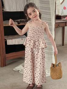 LMoss Kids LMoss 年轻女孩印花褶皱连体裤，夏季花卉秋季连体裤 - 彩色 - 查看 5