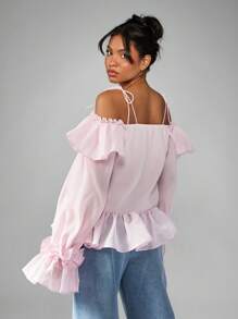 MISSGUIDED Ruffle Trim Off Shoulder Peplum Blouse Long Sleeve Button Front Tie Shoulder Puff Volume Top Spring Summer Holiday Occasion Wear Festival Clothing - Pink - View 2