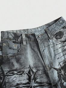 ROMWE Grunge Punk Y2K 复古朋克风低腰女式牛仔裤，带荆棘十字架和眼睛图案 - 藏蓝色 - 查看 3