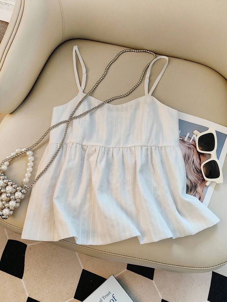 SHEIN 新款时尚休闲甜美法式无袖条纹吊带背心，女士款 - 白色 - 查看 1