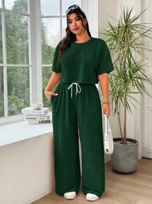 Solflare 2 chiếc/bộ áo cánh và quần dài màu xanh ô liu cho nữ cỡ lớn thường ngày - Màu xanh lá cây đậm - Xem 5