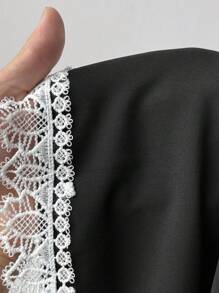 Sunspun 大码女式复古朋克风格十字缎带蕾丝边中长连衣裙 - 黑色 - 查看 6