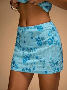 SHEIN BAE Women's Embroidered Beaded Decor Mid Low Waist Skirt, Suitable For Party, Daily Wear, Festival Celebrations, Street Events, Spring