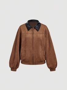 SHEIN MOD Suede Patchwork PU Collar Women Jacket, Retro Jacket, Autumn Jacket - Camel - View 2
