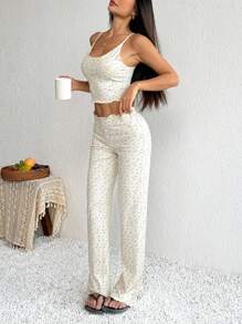 SHEIN PETITE 2 pièces Set débardeur et pantalon large, tenue de détente à imprimé floral digital, Printemps/Été