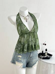 Elamini 女式复古印花 V 领挂脖吊带背心，适合春夏季度假