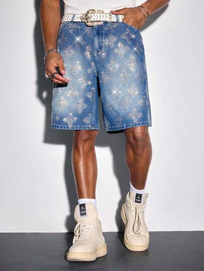 Street Life Men's Fashion Summer Rhinestone Embellished Denim Shorts