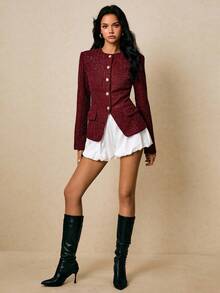 Poéselle 女士酒红色圆领长袖亮面单排扣优雅粗花呢大衣，秋冬款 - 紅色 - 查看 5