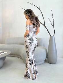 Jemour 全新女式花卉印花不对称肩部褶饰设计鱼尾下摆优雅精致派对约会连衣裙，修身显瘦