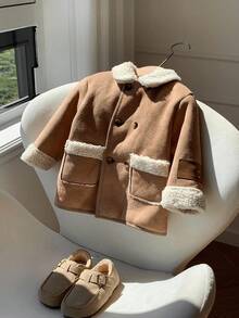 SHEIN Baby Boys Thermal Lined Thickened Soft Comfortable Casual Versatile Classic Lapel Long Sleeve Coat, Mid-Length Outerwear, Suitable For Indoor, Outdoor, Daily, Sports, Play, Party, Holidays, Back To School Streetwear, Autumn/Winter Fall