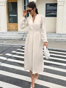 Serisse 女式纯色缺口V领长袖单排扣休闲中长连衣裙 - 杏色 - 查看 6