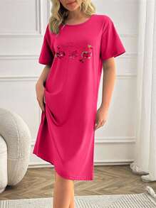 Women Contrast Colour Cute Animal Prints Basic Homewear Sleepdress - Hot Pink - View 4