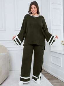 EURMUSE 1pc Contrast Trim Drop Shoulder Sweater & 1pc Knit Pants - Army Green - View 5
