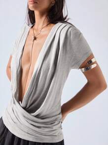 LYSMO Áo hai dây xếp ly cổ chữ V sâu gợi cảm đơn giản mùa hè cho nữ - Xám - Xem 4