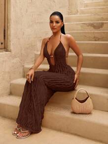 Sirith 女款夏季新款黄色性感深V领长包黄色流苏面料连衣裙，琥珀色串珠装饰设计，适合海滩度假 - 棕色 - 查看 1