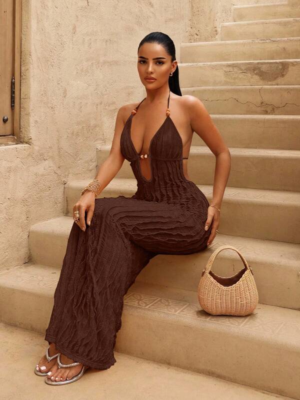 Sirith Women's New Summer Yellow Sexy Deep VU Neck Long Bag Yellow Fringe Fabric Dress, Amber Beaded Decorative Design, Suitable For Beach Vacation