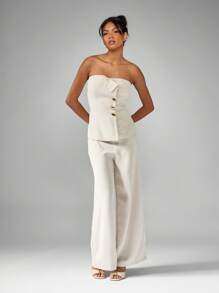 MISSGUIDED Professional Business Corset Style Tailored Two Piece Suit Wide Leg Pants Set Formal Wedding Guest Work Office Occasion Wear Evening Party Outfit Set Sleeveless Button Detail - Apricot - View 5