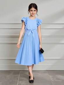 Tween Girls' Double Layer Ruffle Sleeve And Pleated Hem Swing Dress,Holiday Summer Travel - Blue - View 8